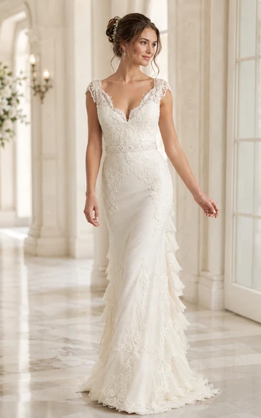 Gorgeous V-Neck Tiered Pleated Lace Mother Of Thebride Dress With Cap Sleeve