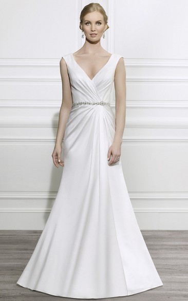 Sheath Maxi Ruched Sleeveless V-Neck Satin Wedding Dress With Waist Jewellery And Deep-V Back