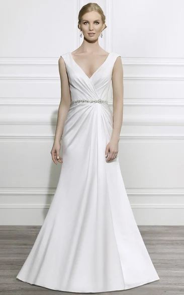 Sheath Maxi Ruched Sleeveless V-Neck Satin Wedding Dress With Waist Jewellery And Deep-V Back