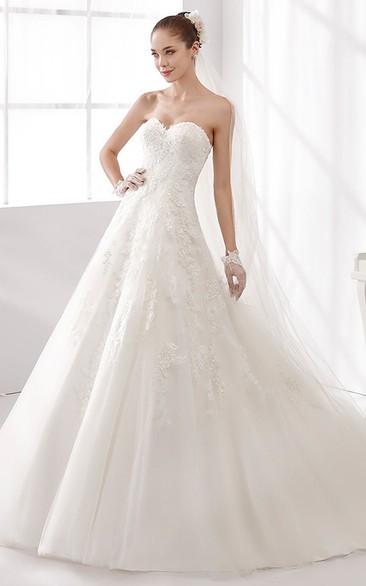 Sweetheart Lace A-Line Gown With Beaded Lace Appliques And Brush Train