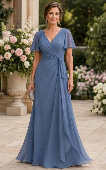 Steel Blue V-neck A-Line Chiffon Flutter Sleeve Mother Dress