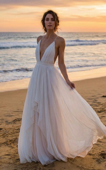 Plunging V-Neck Spaghetti Strap Chiffon Sheath