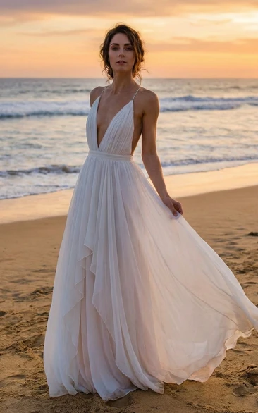 Plunging V-Neck Spaghetti Strap Chiffon Sheath