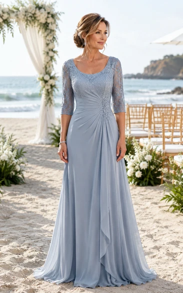 Steel Blue Lace 3/4 Sleeve Chiffon A-Line Mother Dress