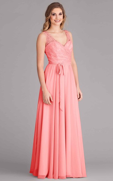 Sleeveless Lace V-Neck Chiffon Bridesmaid Dress With Bow