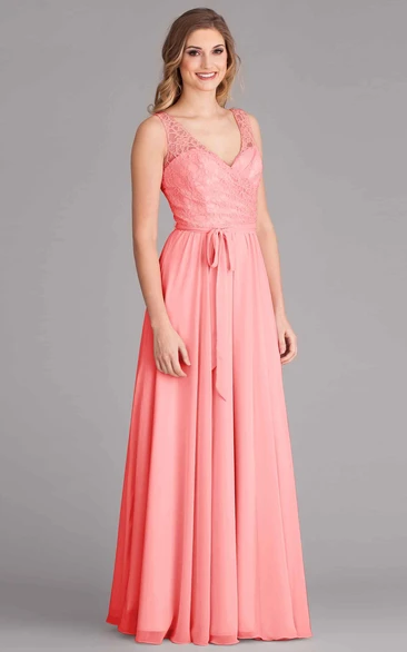 Sleeveless Lace V-Neck Chiffon Bridesmaid Dress With Bow