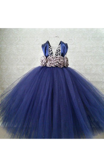 V Neck Cap Sleeve Tulle Ball Gown With Waist Flowers and Pleats