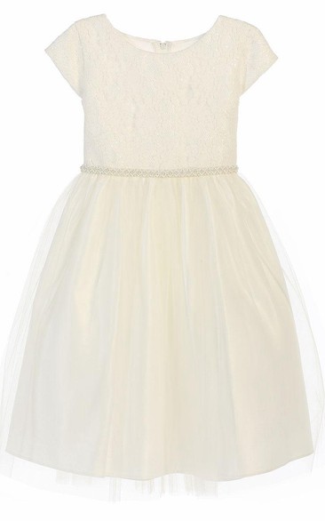 Tea-Length Sequined Tulle&Lace Flower Girl Dress With Embroidery