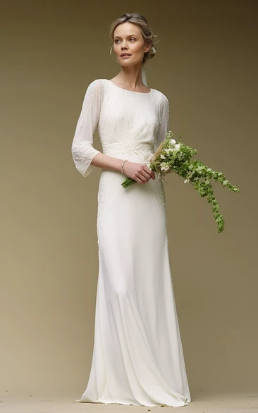 Simple Scoop-neck 3-4-sleeve Sheath Chiffon Empire Summer Wedding Dress