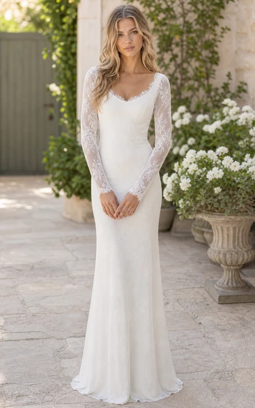 Sheath Mini V-Neck Long Sleeve Brush Train Zipper Lace Boho Wedding Dress