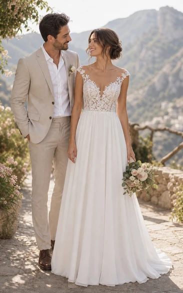 Chiffon Off-the-shoulder Simple Lace Applique Sheath Wedding Dress 