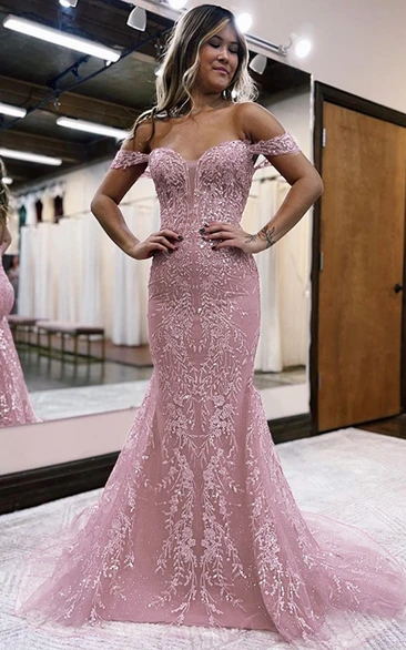 Exquisite Off-the-shoulder Beaded Mermaid Low-v Back Prom Dress
