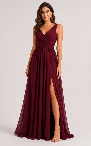 Chiffon Prom Dress in Burgundy, V-neck, Straps A-Line Floor-Length Gown with Pleats
