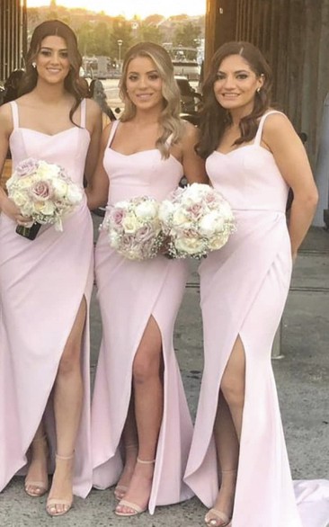 Simple Straps Sweetheart Trumpt Blush Bridesmaid Dress With Front Split And Ruching