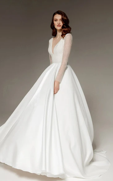 Royal Long Sleeve White V-neck Illusion A-line Modern Wedding Dress