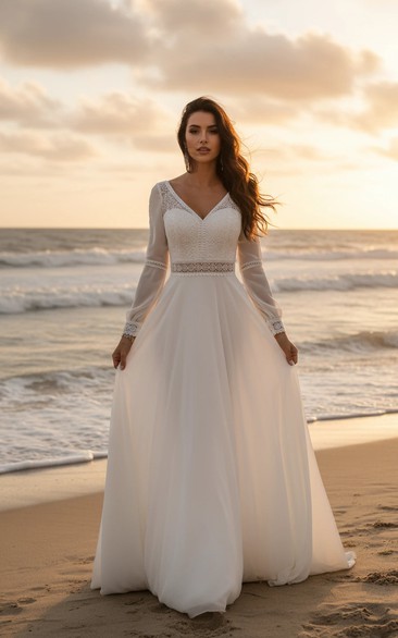 Boho V-Neck Long Sleeve Beach Wedding Dress with Lace
