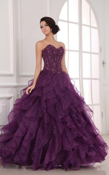 Sweetheart A-Line Ball Gown Dress With Organza Ruffles and Beading