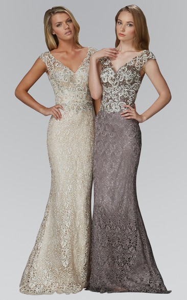 Sheath Long V-Neck Cap-Sleeve Lace Low-V Back Dress With Embroidery And Pleats