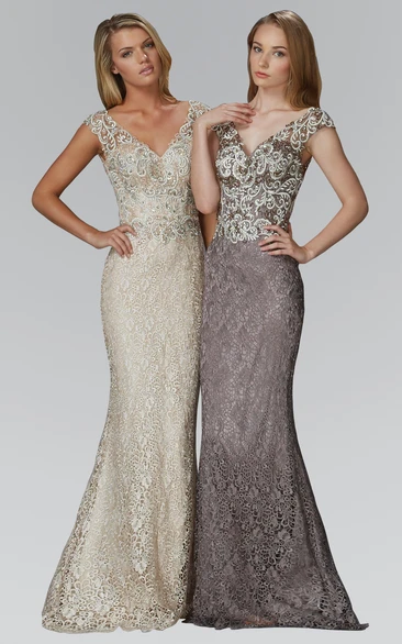 Sheath Long V-Neck Cap-Sleeve Lace Low-V Back Dress With Embroidery And Pleats