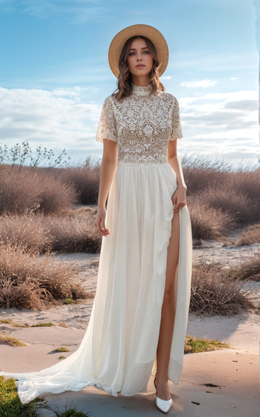 Two-piece casual semi-high-neck short-sleeved wedding dress with lace top