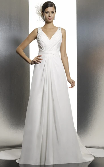 Long V-Neck Ruched Chiffon Wedding Dress With Court Train And Illusion