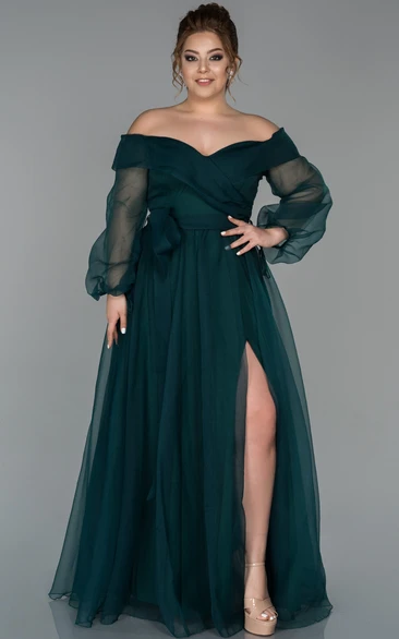 Off-the-shoulder Illusion Long Sleeve Slit Front Empire Evening Plus Size Dress