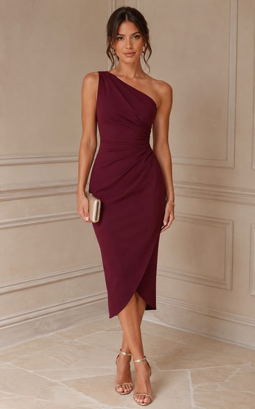 Burgundy One-Shoulder Midi Sheath Dress