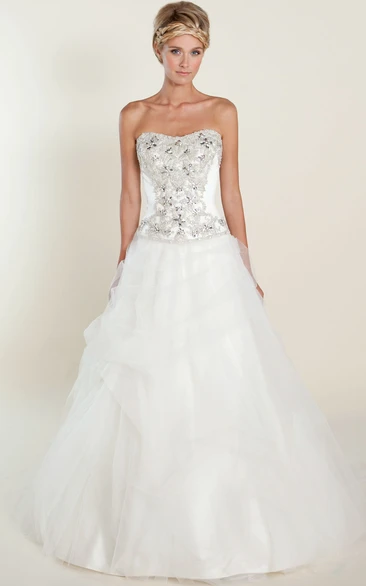 A-Line Beaded Sleeveless Floor-Length Strapless Tulle&Satin Wedding Dress With Deep-V Back And Ruffles
