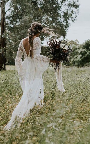 Bohemian Puff-long-sleeve Deep-v Back Lace Sheath Plunged Country Wedding Dress
