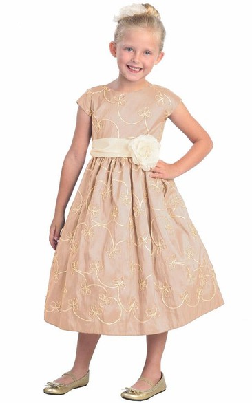 Tea-Length Floral Cap-Sleeve Bowed Taffeta Flower Girl Dress With Embroidery