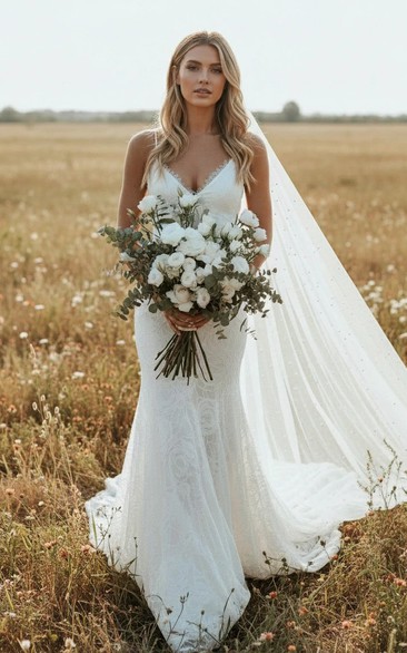 Country Spaghetti Sheer Mermaid Wedding Dress