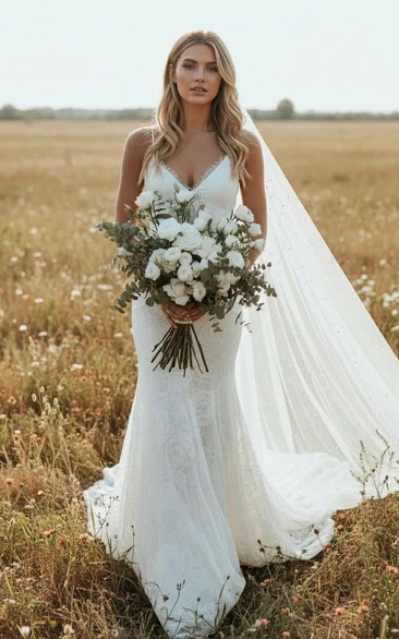 Country Spaghetti Sheer Mermaid Wedding Dress