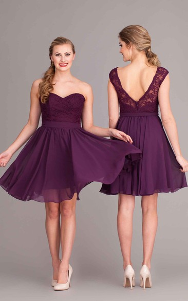 Mini A-Line Sleeveless Sweetheart Lace Chiffon Bridesmaid Dress With Bow