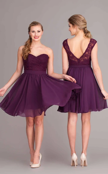 Mini A-Line Sleeveless Sweetheart Lace Chiffon Bridesmaid Dress With Bow