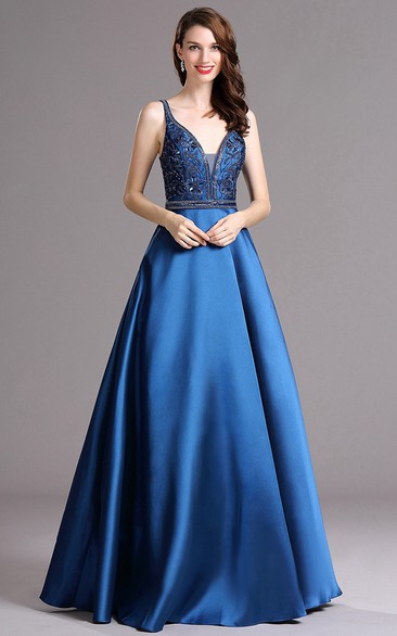 Ball Gown V-Neck Sleeveless Empire Satin Sequins Backless Dress ...