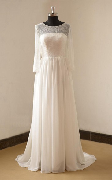 Long Sleeve Pleated Chiffon A-Line Dress With Jewel Neckline and Lace Bodice