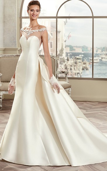 Off-Shoulder Satin Long Wedding Dress With Illusive Design And Back Bow