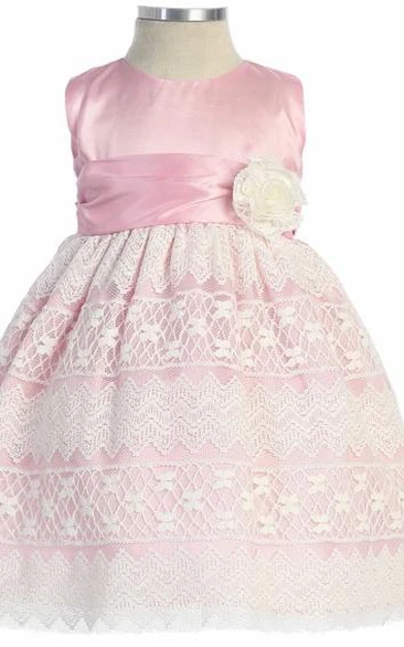 Tea-Length Bowed Lace&Taffeta Flower Girl Dress
