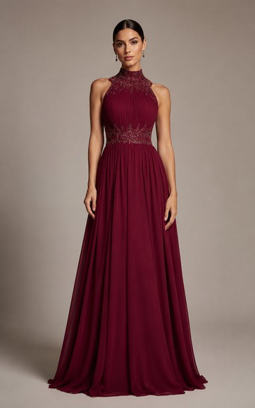 Burgundy Lace Bodice Chiffon A-Line Formal Dress