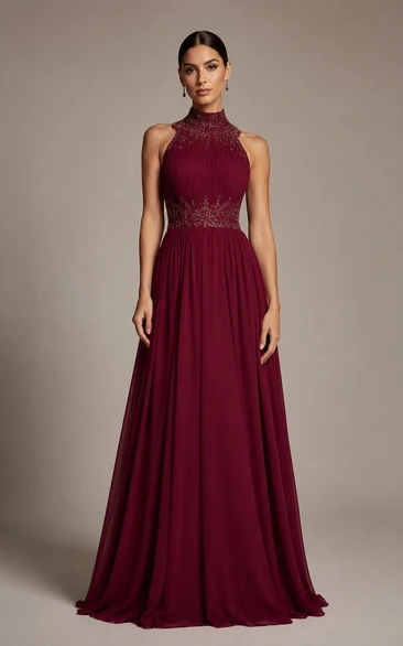 Burgundy Lace Bodice Chiffon A-Line Formal Dress