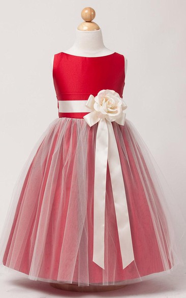 Tea-Length Tiered Tulle&Satin Flower Girl Dress
