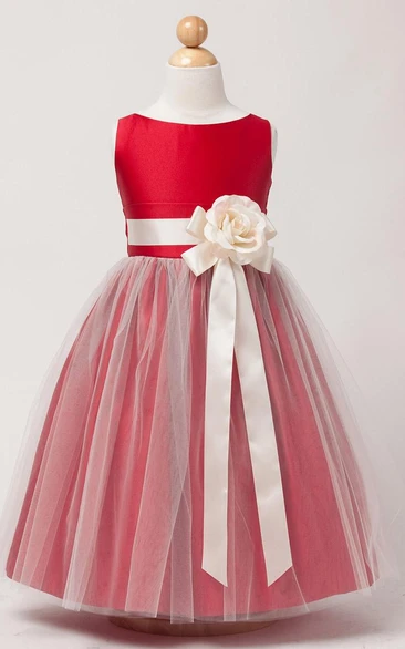 Tea-Length Tiered Tulle&Satin Flower Girl Dress