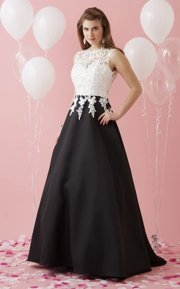 A-Line Jewel-Neck Sleeveless Satin Keyhole Dress With Appliques