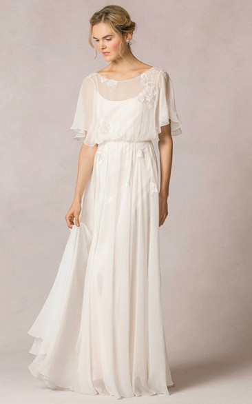 Sheath Scoop-Neck Floor-Length Poet-Sleeve Appliqued Chiffon Wedding Dress With Pleats