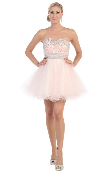 A-Line Mini Sweetheart Tulle Backless Dress With Ruffles And Waist Jewellery