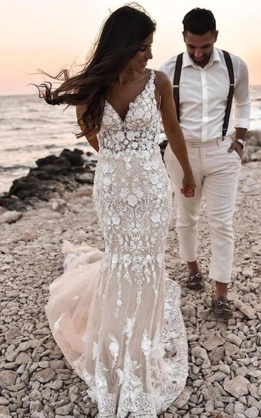 Strapped V-neck Beach Sheath Mermaid Lace Deep-v Back Wedding Dress