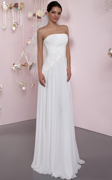 Sheath Ruched Strapless Sleeveless Long Chiffon Wedding Dress With Corset Back And Pleats