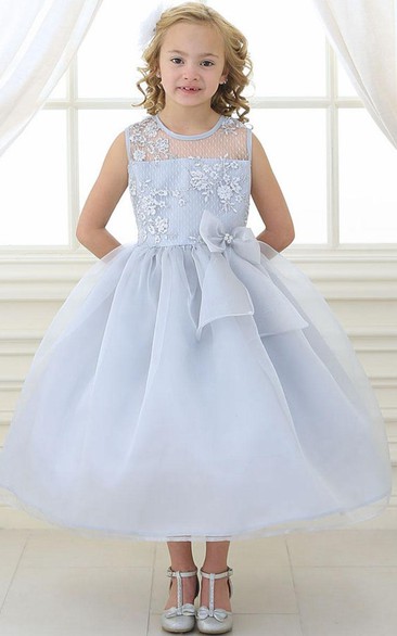Tea-Length Floral Bowed Lace&Organza Flower Girl Dress With Illusion