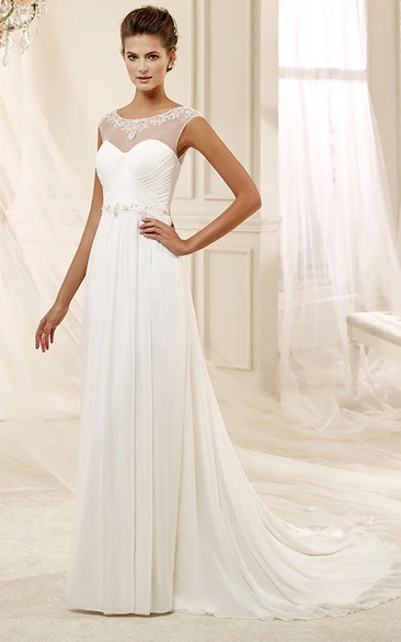 Jewel-Neck Draping Chiffon Wedding Dress With Pleated Bodice And Illusive Design