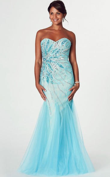 Mermaid Beaded Sweetheart Sleeveless Tulle Prom Dress With Low-V Back